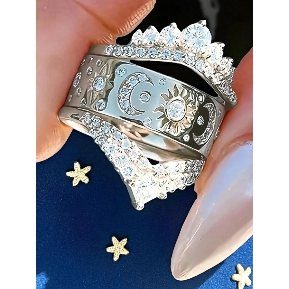 New sz 8 Trio ring set 3 pcs Silver Sun Moon Crown Ring Fashion Celestial